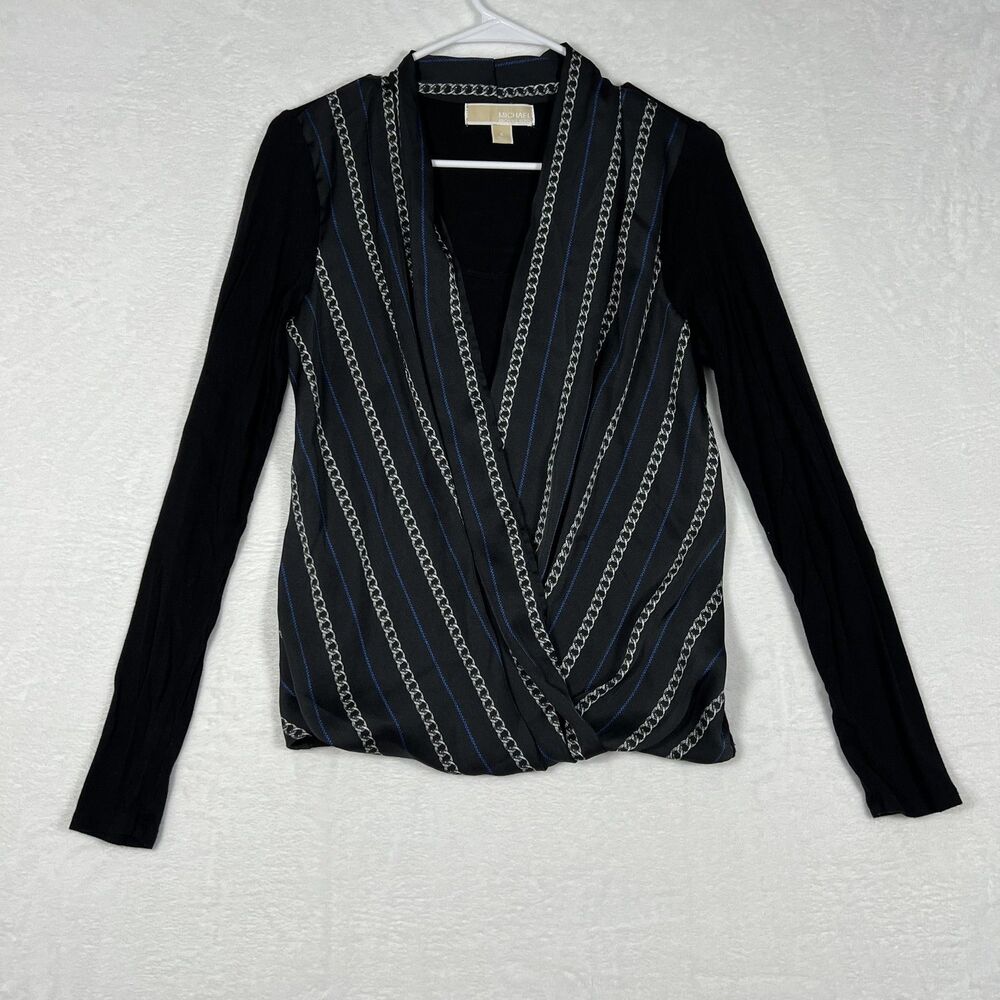 Michael Michael Kors Women's Wrap Top Small Black Chain Print Long Sleeve Blouse
